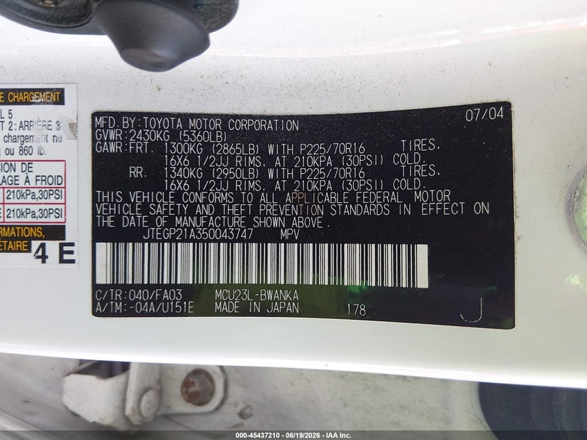 2005 Toyota Highlander VIN JTEGP21A350043747 IAAI salvage auction — RIGHT REAR, Salvage (Illinois), sold $375 on 2026-07-28 (photo 9)