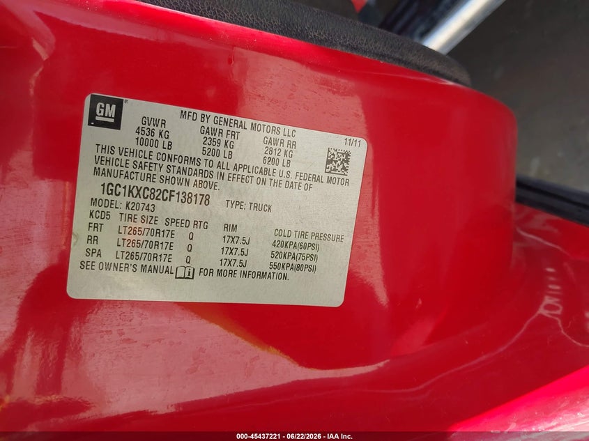 2012 Chevrolet Silverado 2500 VIN 1GC1KXC82CF138178 IAAI salvage auction — NORMAL WEAR, Original (Texas), sold $25 on 2026-07-09 (photo 9)