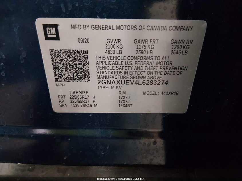 2020 Chevrolet Equinox VIN 2GNAXUEV4L6283274 IAAI salvage auction — SIDE, Salvage (Iowa), sold $4,850 on 2026-07-11 (photo 9)