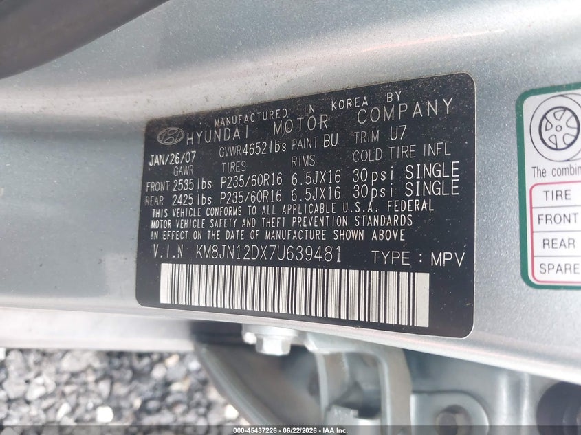 2007 Hyundai Tucson VIN KM8JN12DX7U639481 IAAI salvage auction — NORMAL WEAR, Clear (Florida), sold $125 on 2026-07-21 (photo 9)
