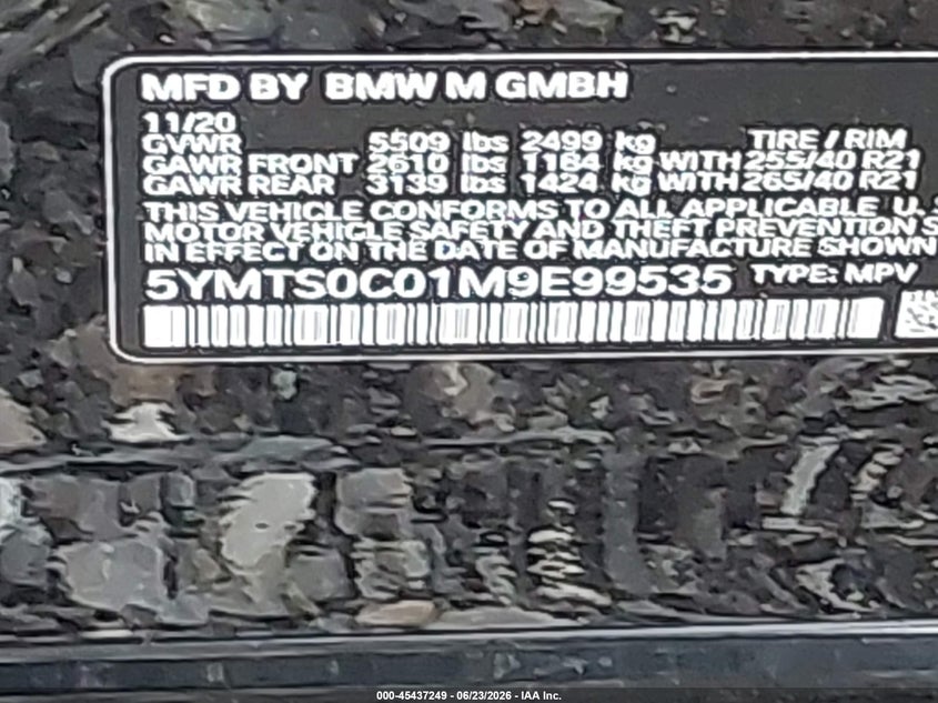 2021 BMW X3 m VIN 5YMTS0C01M9E99535 IAAI salvage auction — FRONT & REAR, Salvage Title, sold $12,300 on 2026-07-28 (photo 9)