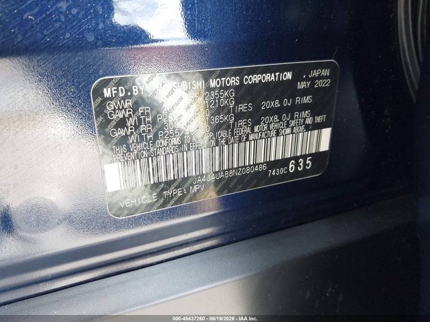 2022 Mitsubishi Outlander VIN JA4J4UA88NZ080486 IAAI salvage auction — REAR END, Salvage Title, sold $9,000 on 2026-07-16 (photo 9)