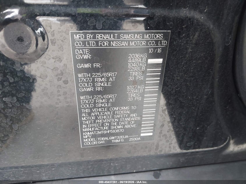 2017 Nissan Rogue VIN KNMAT2MT6HP510870 IAAI salvage auction — FRONT END, Salvage Title, sold $1,900 on 2026-07-22 (photo 9)