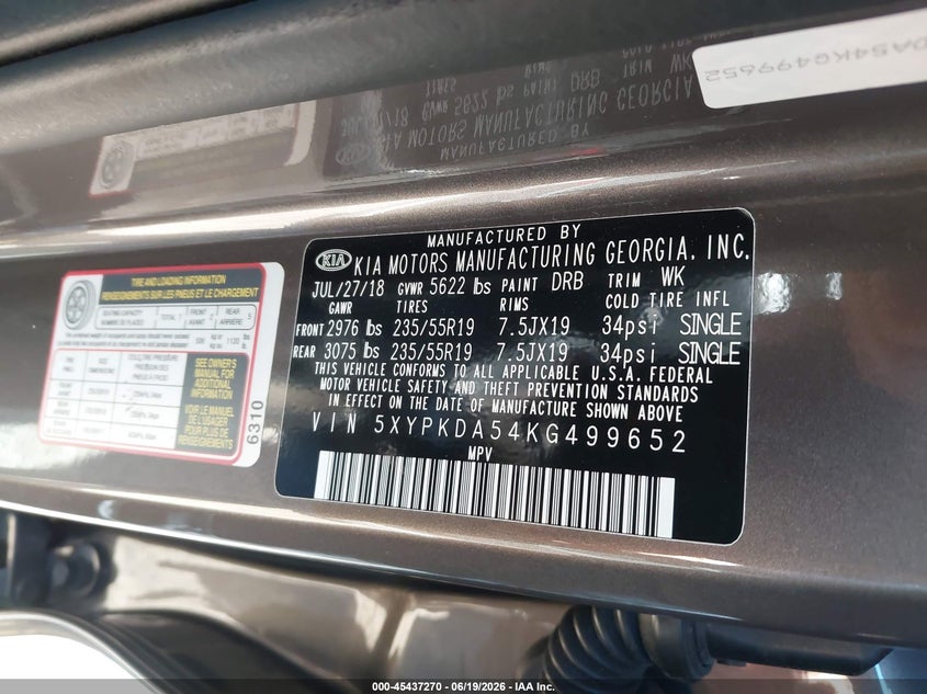2019 Kia Sorento VIN 5XYPKDA54KG499652 IAAI salvage auction — SIDE, Clear (Michigan), sold $3,750 on 2026-07-09 (photo 9)