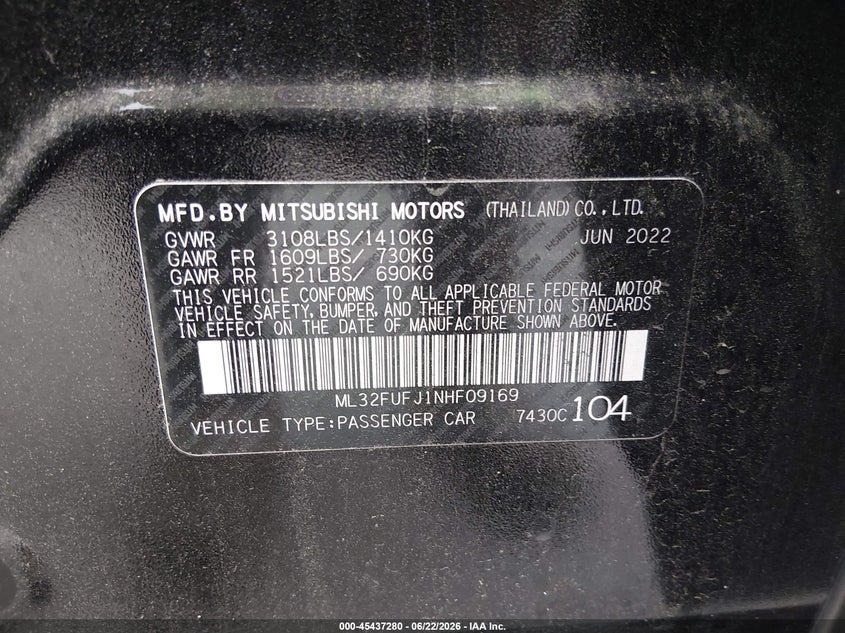 2022 Mitsubishi Mirage VIN ML32FUFJ1NHF09169 IAAI salvage auction — REAR END, Salvage Title, sold $2,250 on 2026-07-22 (photo 9)