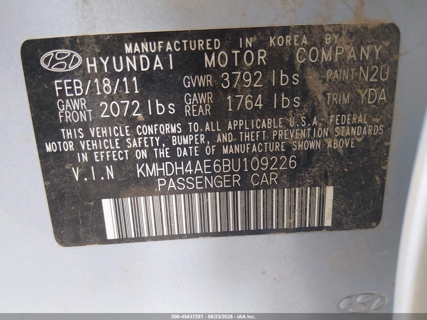 2011 Hyundai Elantra VIN KMHDH4AE6BU109226 IAAI salvage auction — NORMAL WEAR, Clear (Arizona), sold $25 on 2026-07-28 (photo 9)