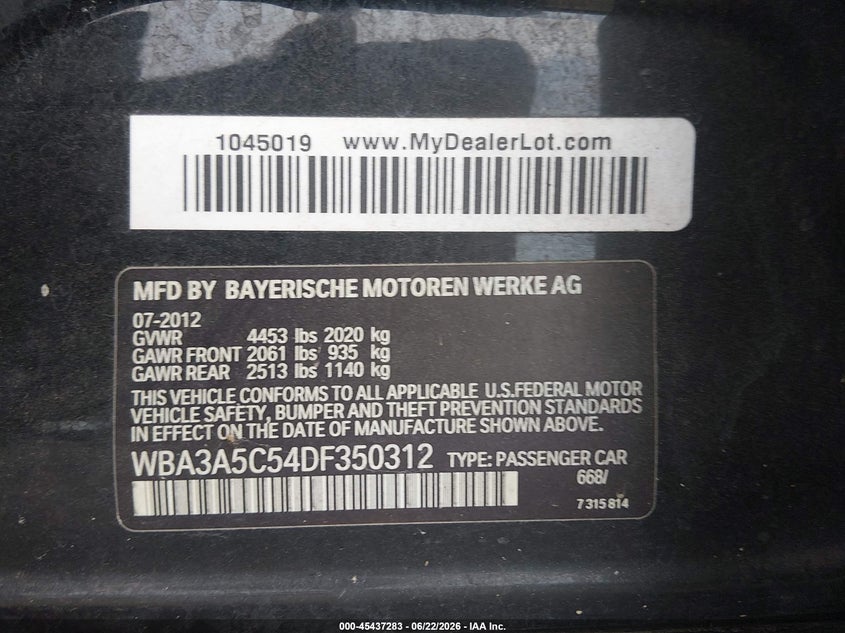 2013 BMW 3er VIN WBA3A5C54DF350312 IAAI salvage auction — UNKNOWN, Salvage (Louisiana), sold $1,100 on 2026-07-07 (photo 9)