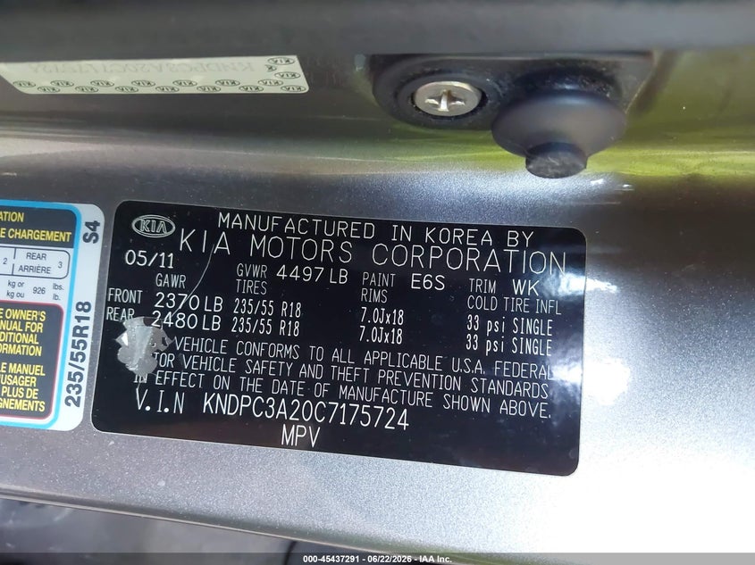 2012 Kia Sportage VIN KNDPC3A20C7175724 IAAI salvage auction — FRONT & REAR, Rebuildable (Florida), sold $2,050 on 2026-07-07 (photo 9)