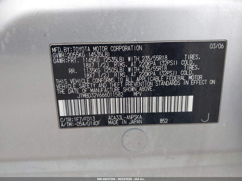 2006 Toyota Rav4 VIN JTMBD32V666011582 IAAI salvage auction — LEFT SIDE, Salvage (Idaho), sold $25 on 2026-07-29 (photo 9)