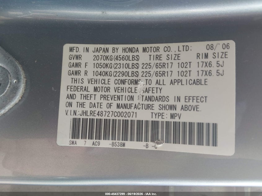 2007 Honda Cr-v VIN JHLRE48727C002071 IAAI salvage auction — NORMAL WEAR, Clear (Massachusetts), sold $1,250 on 2026-07-14 (photo 9)