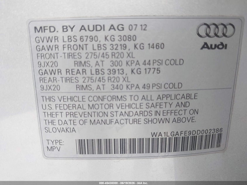 2013 Audi Q7 VIN WA1LGAFE9DD002386 IAAI salvage auction — NORMAL WEAR, Original (Texas), sold $2,000 on 2026-07-29 (photo 9)