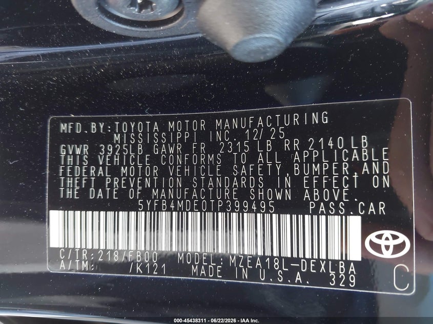 2026 Toyota Corolla VIN 5YFB4MDE0TP399495 IAAI salvage auction — FRONT END, Rebuildable (Florida), sold $5,500 on 2026-07-08 (photo 9)