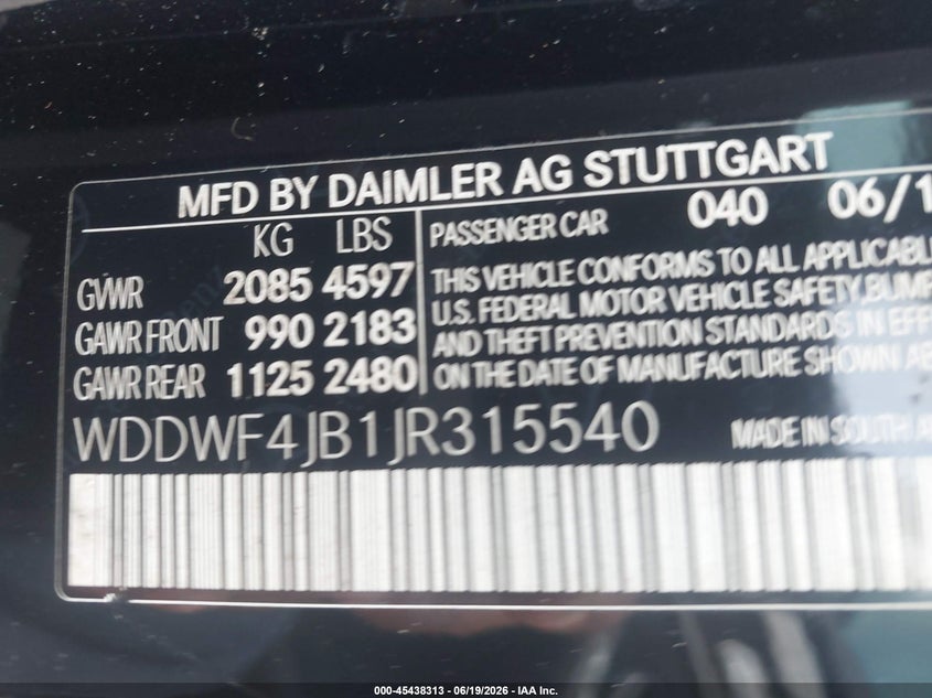 2018 Mercedes-benz C-klasse VIN WDDWF4JB1JR315540 IAAI salvage auction — FRONT END, Salvage Title, sold $1,750 on 2026-08-12 (photo 9)