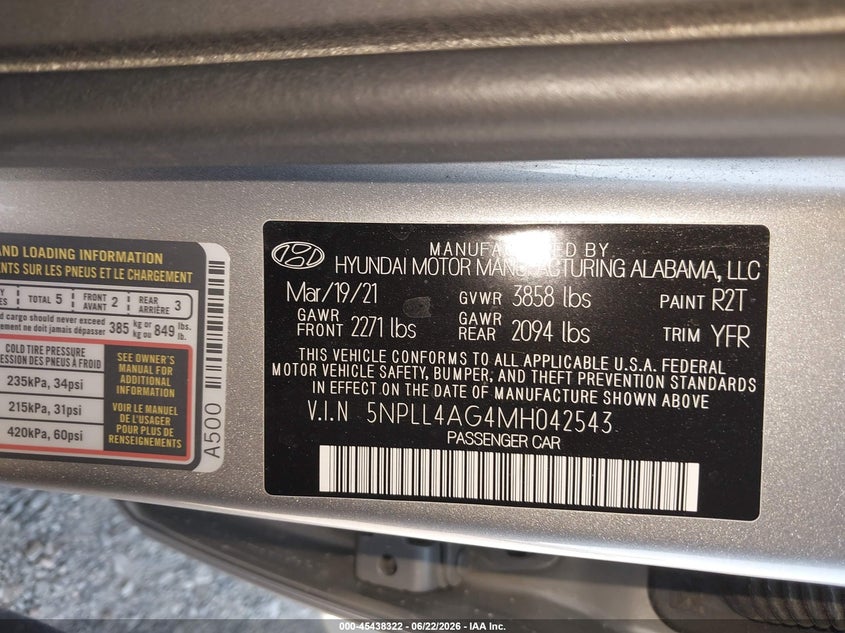 2021 Hyundai Elantra VIN 5NPLL4AG4MH042543 IAAI salvage auction — NORMAL WEAR, SF97 (California), sold $525 on 2026-07-28 (photo 9)