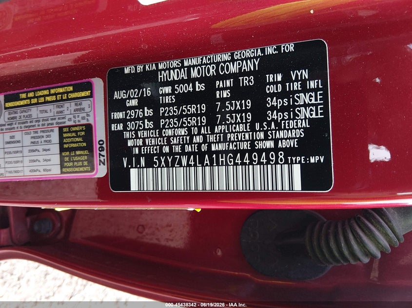2017 Hyundai Santa fe VIN 5XYZW4LA1HG449498 IAAI salvage auction — REAR END, Salvage (Louisiana), sold $2,250 on 2026-07-22 (photo 9)