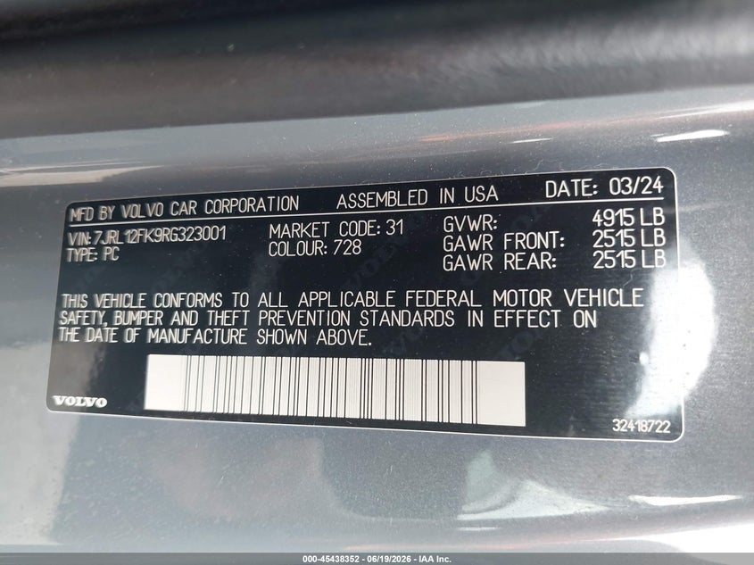 2024 Volvo S60 VIN 7JRL12FK9RG323001 IAAI salvage auction — REAR END, Original (Texas), sold $2,550 on 2026-07-29 (photo 9)
