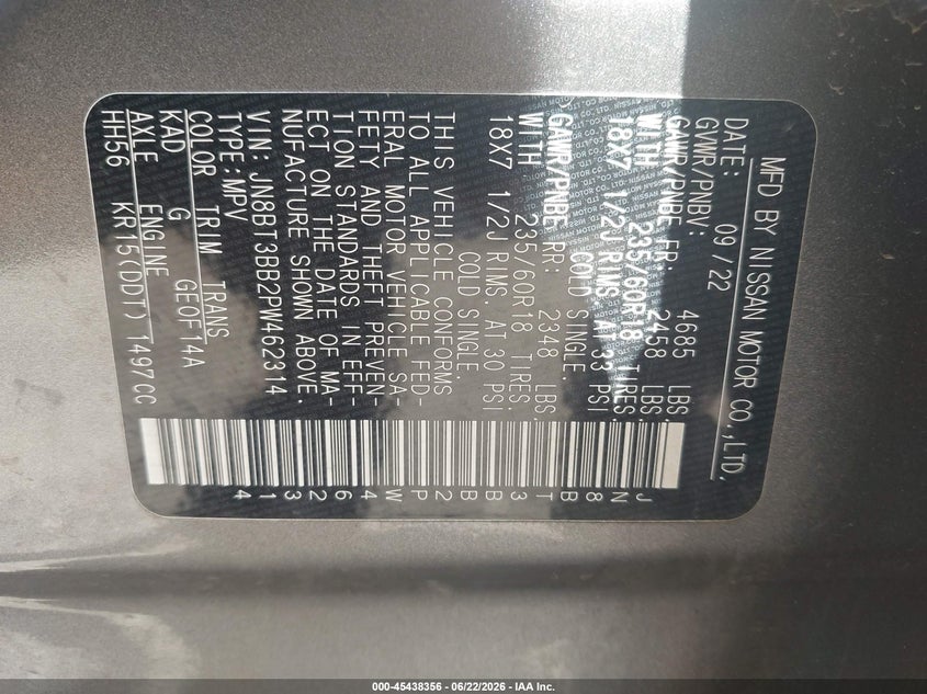 2023 Nissan Rogue VIN JN8BT3BB2PW462314 IAAI salvage auction — SIDE, Salvage Title, sold $5,250 on 2026-07-30 (photo 9)