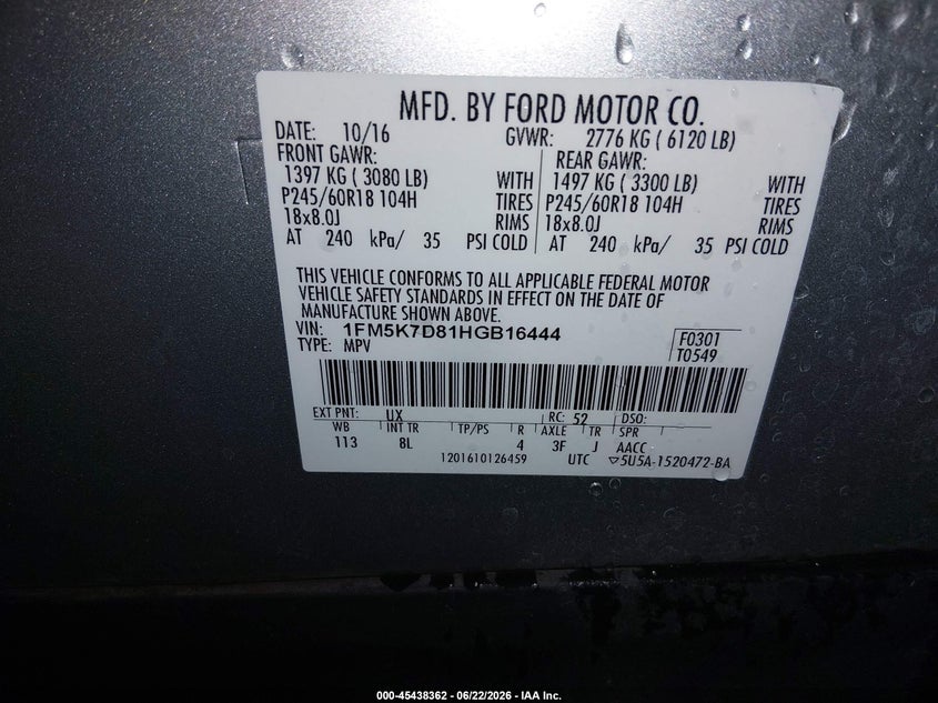 2017 Ford Explorer VIN 1FM5K7D81HGB16444 IAAI salvage auction — FRONT END, Salvage Title, sold $1,600 on 2026-07-24 (photo 9)