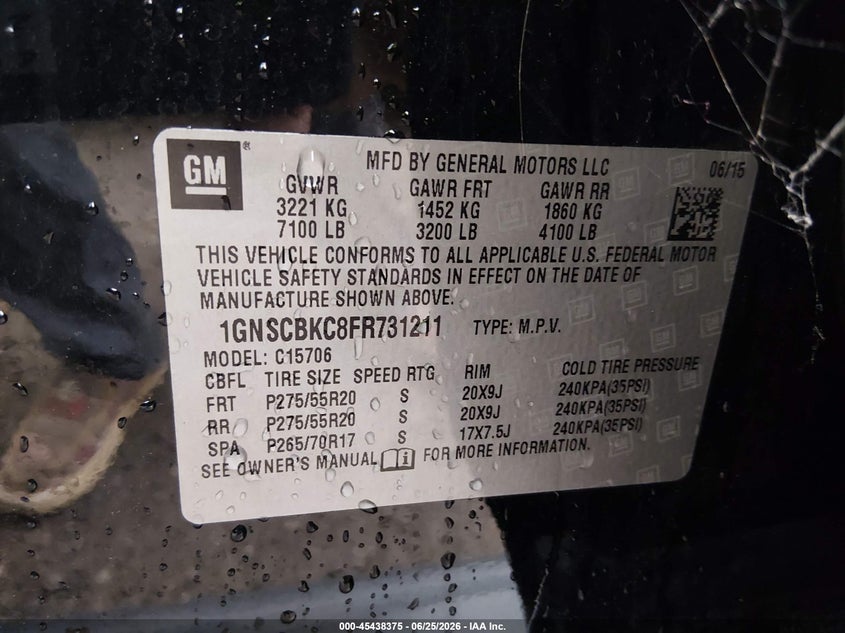 2015 Chevrolet Tahoe VIN 1GNSCBKC8FR731211 IAAI salvage auction — HAIL, Clear (Oklahoma), sold $4,350 on 2026-08-24 (photo 9)