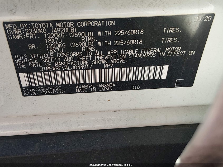 2020 Toyota Rav 4 VIN JTMEWRFV4LJ044917 IAAI salvage auction — REAR END, Bill Of Sale (Washington), sold $13,800 on 2026-07-08 (photo 9)