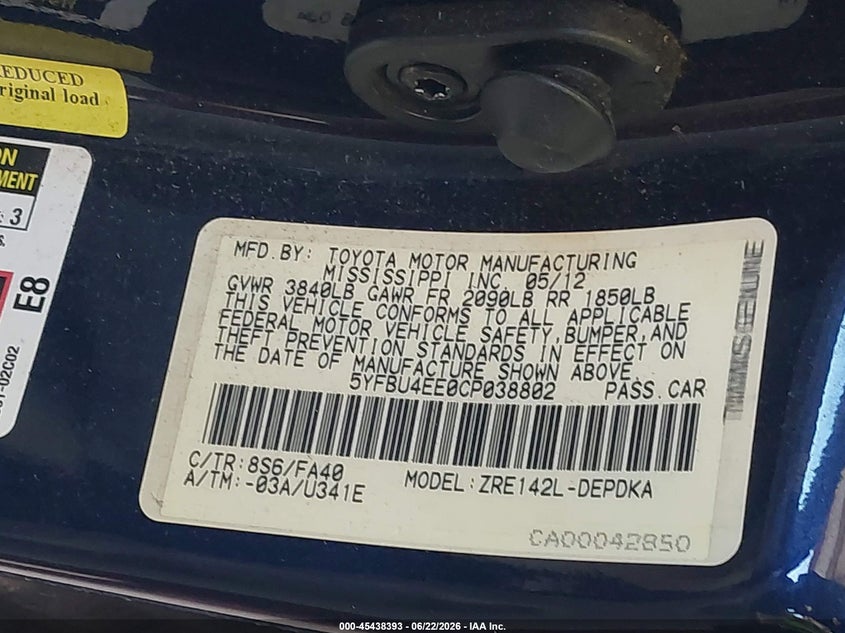 2012 Toyota Corolla VIN 5YFBU4EE0CP038802 IAAI salvage auction — LEFT FRONT, Salvage Title, sold $1,550 on 2026-07-22 (photo 9)