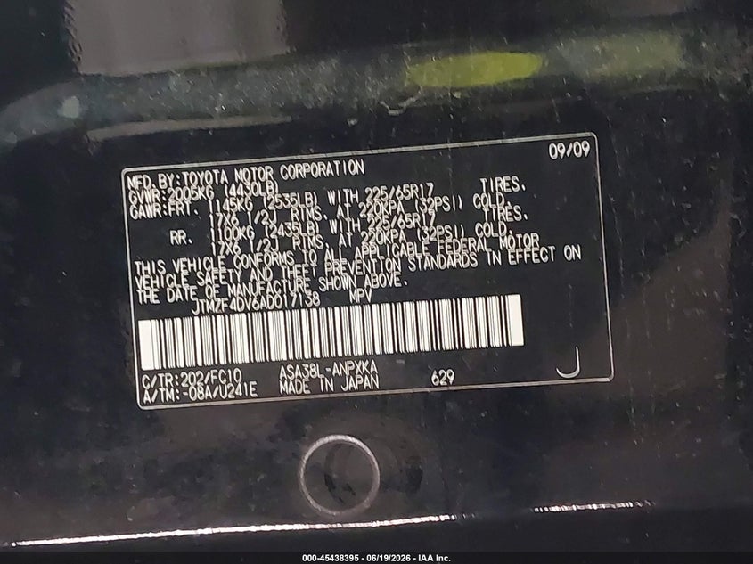 2010 Toyota Rav4 VIN JTMZF4DV6AD017138 IAAI salvage auction — LEFT FRONT, Clear (Virginia), sold $2,100 on 2026-07-16 (photo 9)