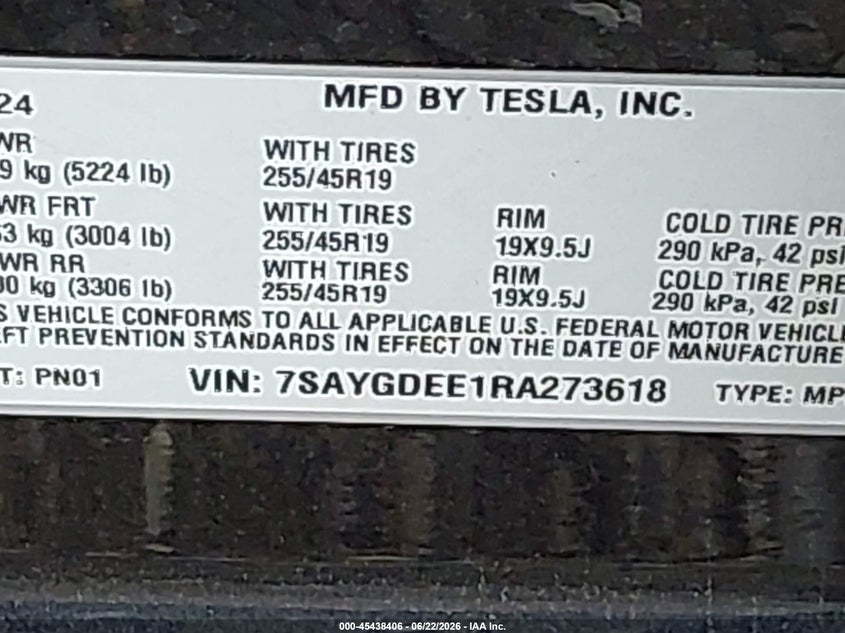 2024 Tesla Model y VIN 7SAYGDEE1RA273618 IAAI salvage auction — FRONT & REAR, Mv-907A (New York), sold $9,100 on 2026-07-09 (photo 9)