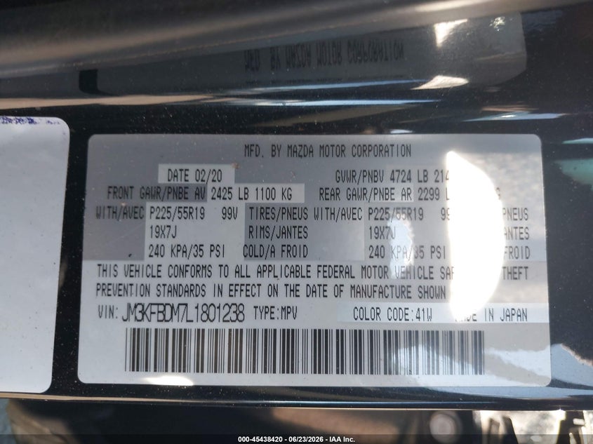 2020 Mazda Cx-5 VIN JM3KFBDM7L1801238 IAAI salvage auction — ROLLOVER, Salvage Title, sold $1,150 on 2026-08-02 (photo 9)