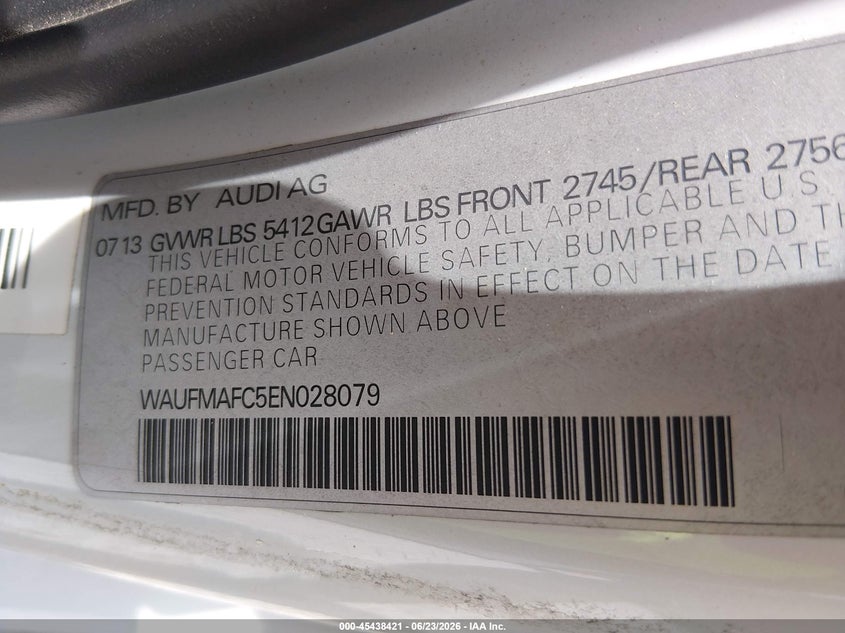 2014 Audi A6 VIN WAUFMAFC5EN028079 IAAI salvage auction — NORMAL WEAR, Clear (Alabama), sold $1,550 on 2026-07-30 (photo 9)