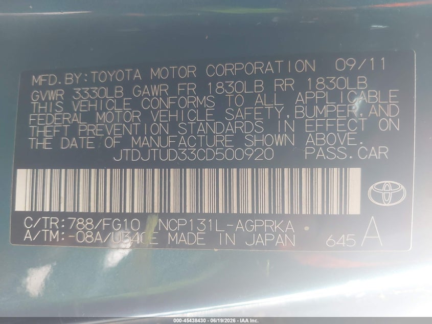 2012 Toyota Yaris VIN JTDJTUD33CD500920 IAAI salvage auction — NORMAL WEAR, Clear-Dealer Only (North Carolina), sold $675 on 2026-07-29 (photo 9)