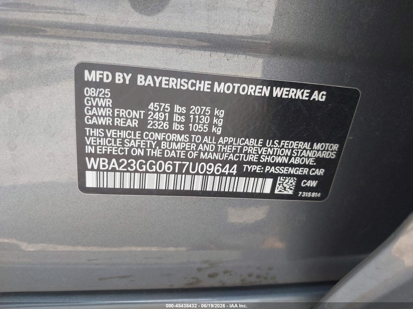 2026 BMW 2er VIN WBA23GG06T7U09644 IAAI salvage auction — FRONT END, Salvage Title, sold $4,750 on 2026-07-30 (photo 9)