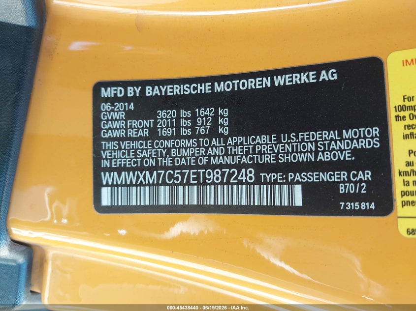 2014 Mini Hard top VIN WMWXM7C57ET987248 IAAI salvage auction — FRONT END, Salvage (California), sold $300 on 2026-07-13 (photo 9)