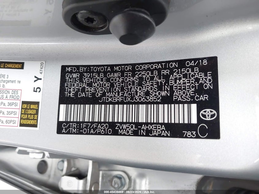 2018 Toyota Prius VIN JTDKBRFUXJ3063852 IAAI salvage auction — LEFT SIDE, Salvage Title, sold $3,200 on 2026-07-15 (photo 9)