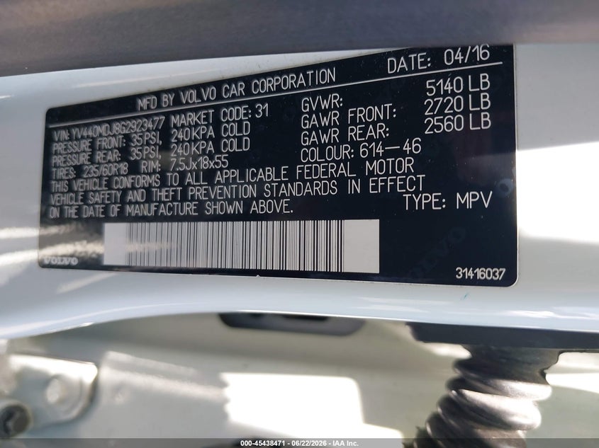 2016 Volvo Xc60 VIN YV440MDJ8G2923477 IAAI salvage auction — REAR END, Wait Title, sold $1,400 on 2026-08-19 (photo 9)