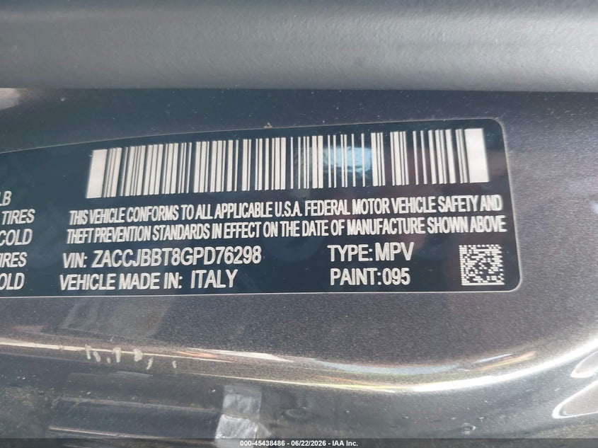 2016 Jeep Renegade VIN ZACCJBBT8GPD76298 IAAI salvage auction — LEFT FRONT, Salvage (Virginia), sold $2,050 on 2026-07-13 (photo 9)