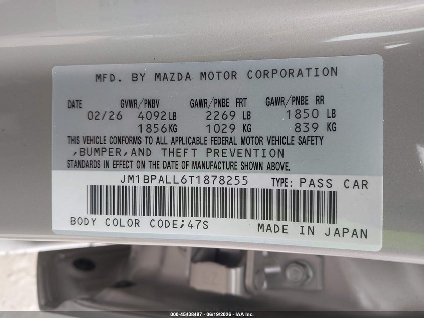 2026 Mazda 3 VIN JM1BPALL6T1878255 IAAI salvage auction — RIGHT FRONT, Salvage Title, sold $8,800 on 2026-07-29 (photo 9)