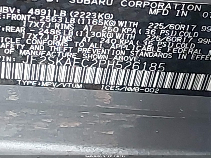 2023 Subaru Forester VIN JF2SKAEC2PH526185 IAAI salvage auction — FRONT & REAR, Salvage Title, sold $6,900 on 2026-07-14 (photo 9)