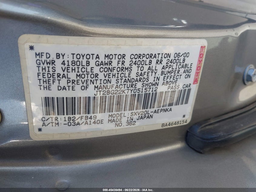 2000 Toyota Camry VIN JT2BG22K7Y0515712 IAAI salvage auction — FRONT END, Salvage (California), sold $500 on 2026-07-16 (photo 9)