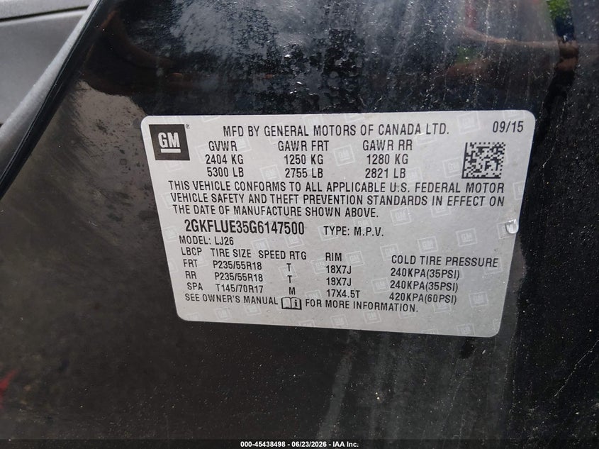2016 Gmc Terrain VIN 2GKFLUE35G6147500 IAAI salvage auction — NORMAL WEAR, Clear (Massachusetts), sold $700 on 2026-07-29 (photo 9)