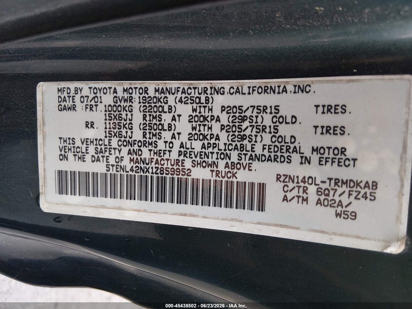 2001 Toyota Tacoma VIN 5TENL42NX1Z859952 IAAI salvage auction — FRONT END, Salvage (New Jersey), sold $1,650 on 2026-07-31 (photo 9)