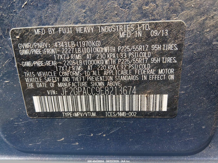 2014 Subaru VIN JF2GPACC9E8213674 IAAI salvage auction — REAR END, Salvage (Utah), sold $875 on 2026-07-30 (photo 9)