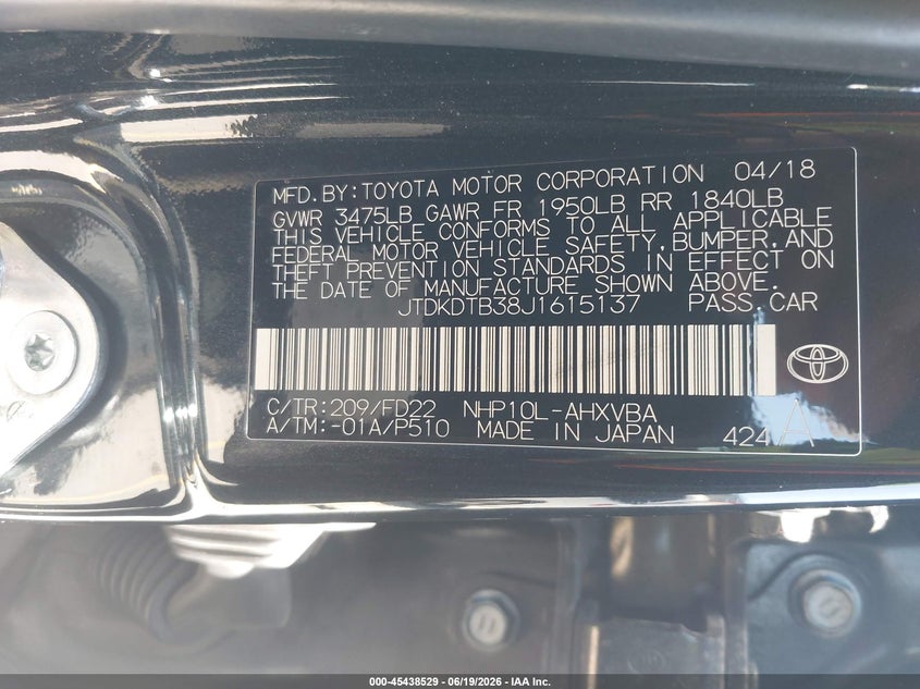 2018 Toyota Prius c VIN JTDKDTB38J1615137 IAAI salvage auction — FRONT & REAR, Salvage (California), sold $1,550 on 2026-07-29 (photo 9)