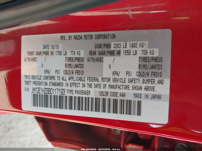 2011 Mazda 2 VIN JM1DE1HZ8B0117193 IAAI salvage auction — NORMAL WEAR, Salvage (California), sold $275 on 2026-07-15 (photo 9)