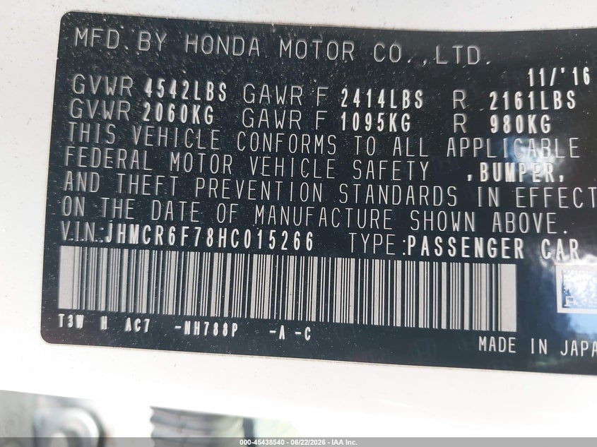 2017 Honda Accord VIN JHMCR6F78HC015266 IAAI salvage auction — FRONT END, Salvage Title, sold $25 on 2026-07-17 (photo 9)