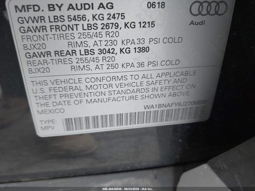 2018 Audi Q5 VIN WA1BNAFY6J2206890 IAAI salvage auction — REAR END, Salvage (California), sold $9,000 on 2026-07-29 (photo 9)