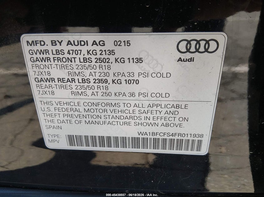 2015 Audi Q3 VIN WA1BFCFS4FR011938 IAAI salvage auction — UNKNOWN, Salvage (California), sold $1,550 on 2026-07-08 (photo 9)