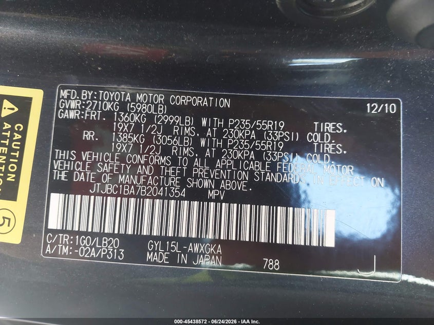 2011 Lexus Rx 450h VIN JTJBC1BA7B2041354 IAAI salvage auction — LEFT REAR, Salvage (California), sold $2,725 on 2026-07-23 (photo 9)