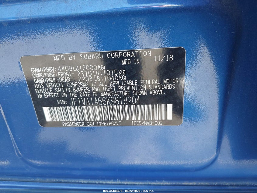 2019 Subaru Wrx VIN JF1VA1A66K9818204 IAAI salvage auction — FRONT END, Salvage Certificate (California), sold $25 on 2026-07-24 (photo 9)