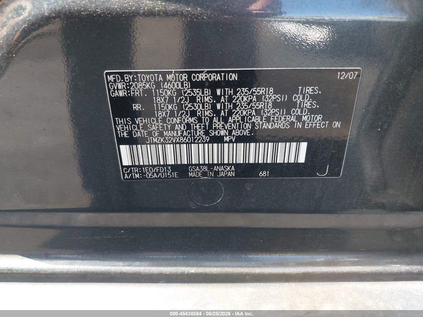 2008 Toyota Rav4 VIN JTMZK32VX86012239 IAAI salvage auction — LEFT FRONT, Salvage Certificate (California), sold $625 on 2026-07-10 (photo 9)