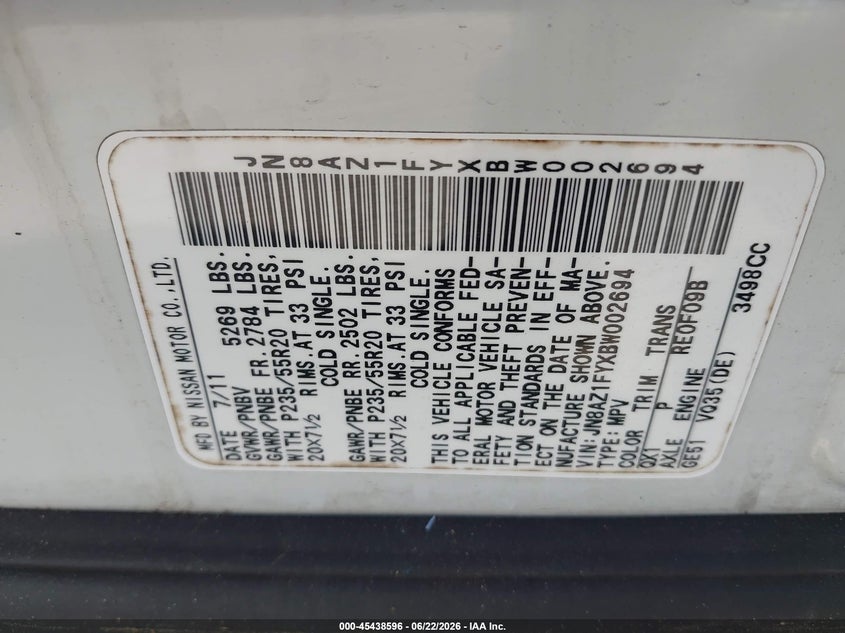 2011 Nissan Murano VIN JN8AZ1FYXBW002694 IAAI salvage auction — NORMAL WEAR, Clear (Florida), sold $375 on 2026-07-30 (photo 9)
